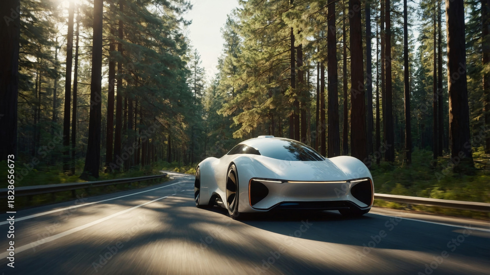 Fototapeta premium futuristic electric car driving on a scenic forest road with sunlight