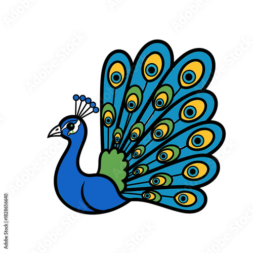 A stylized peacock with vibrant blue plumage and an elaborate tail fan, isolated on a white background.