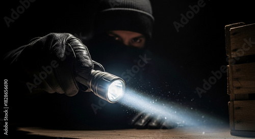 Male burglar in black disguise holding flashlight in hand. Crime and illegal entry concept for security alert website or news blog.