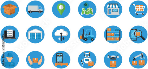 Logistics and delivery icon set with warehouse, shipping truck, barcode, cloud storage, e-commerce and supply chain elements