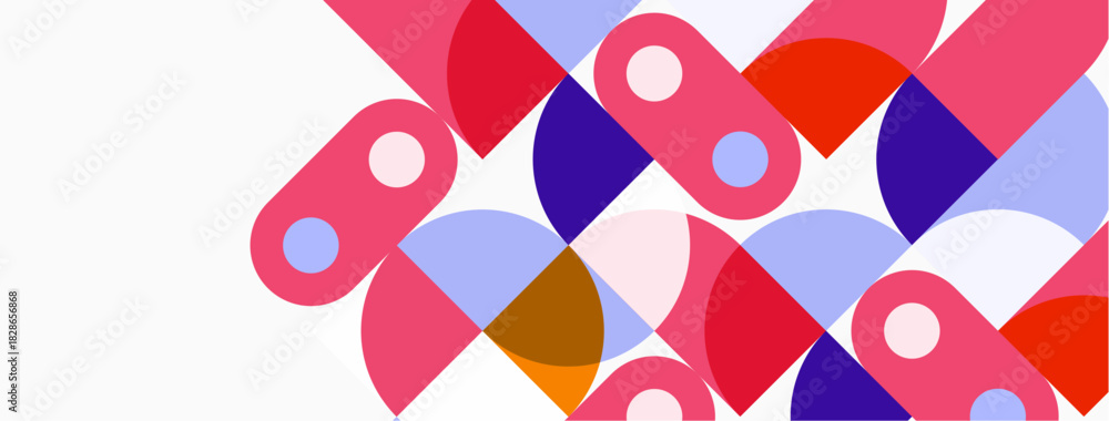 Obraz premium Abstract geometric shapes overlap, creating vibrant colorful pattern. Pink, purple, orange hues dominate white background. Modern design.