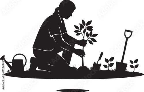 Silhouette of a person planting a tree celebrating international volunteer day and environmental conservation efforts