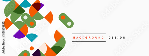 Abstract geometric shapes overlap, creating vibrant background. Modern design utilizes orange, green, purple hues. Minimalist aesthetic.