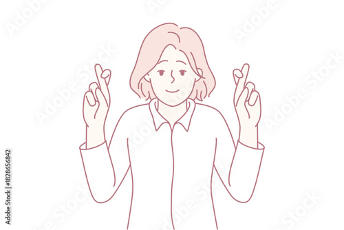 woman crossing fingers with gentle hopeful expression, optimistic anticipation and subtle nervous energy captured in soft illustration suitable for luck, hope, expectation, and lifestyle