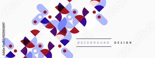 Abstract geometric pattern. Overlapping squares, rectangles, circles create dynamic composition. Purple, red, blue hues dominate design.