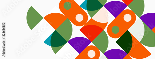 Abstract geometric shapes overlap, creating vibrant composition. Colors include orange, green, purple, pink, white. Modern design element.