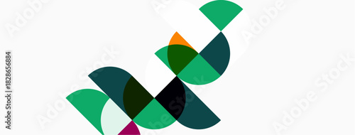 Abstract geometric shapes overlap, creating dynamic composition. Greens, purples, blacks dominate white background. Modern design element.