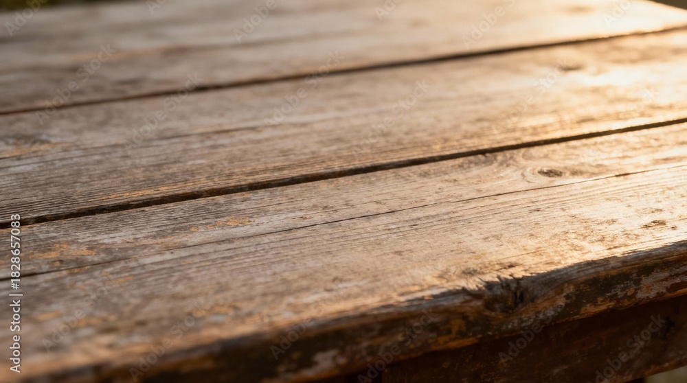 Fototapeta premium Rustic Weathered Wooden Table Surface in Warm Sunlight with Aged Planks and Natural Texture
