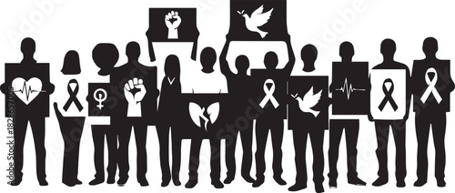 Diverse group of people holding signs celebrating international volunteer day with symbols of peace and support