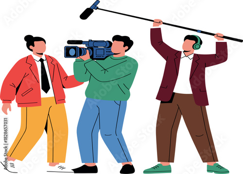 News reporting team vector illustration with cameraman, journalist, boom mic operator and media field broadcasting concept