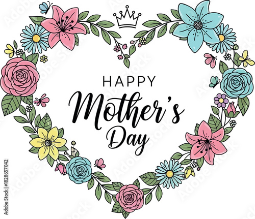Vector Illustration For Mother's Day with a Heart Made of Flowers On A White Background
