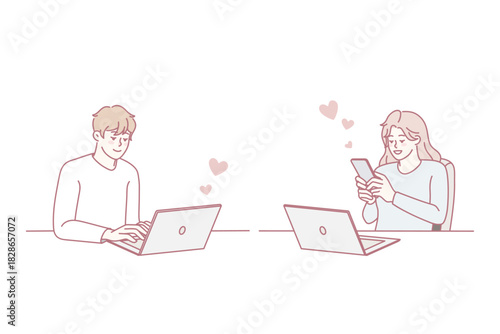 Couple texting online on gadget having relationship on distance. Man and woman message communicate on devices. Love and online dating concept. Vector illustration.