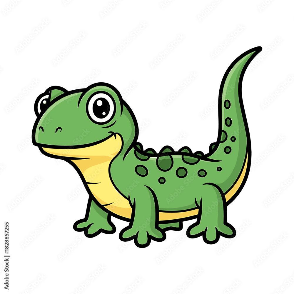 Naklejka premium Cartoon depiction of a smiling green lizard with spots and a yellow belly, standing on all fours.