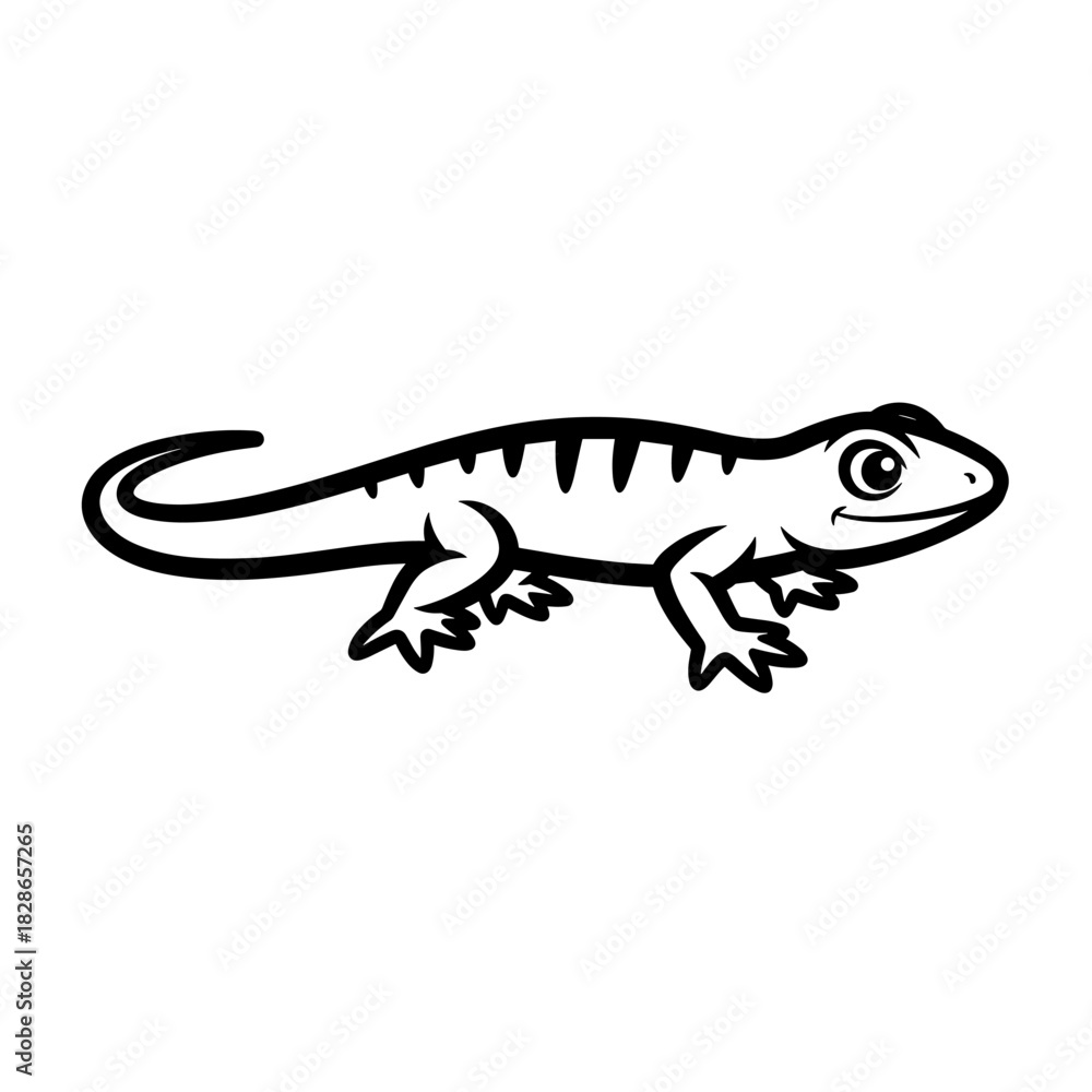 Fototapeta premium Cartoon lizard with stripes, outlined in black, on a white background.