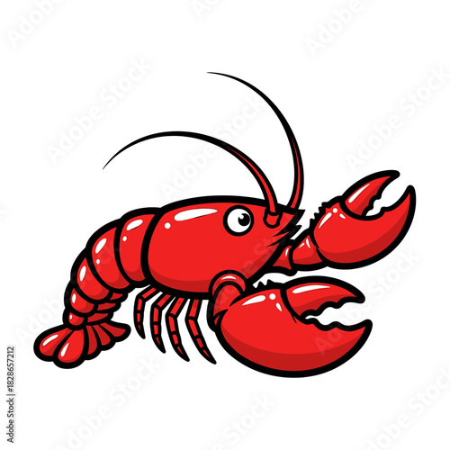 Cartoon illustration of a bright red lobster with large claws and antennae, isolated on a white background.