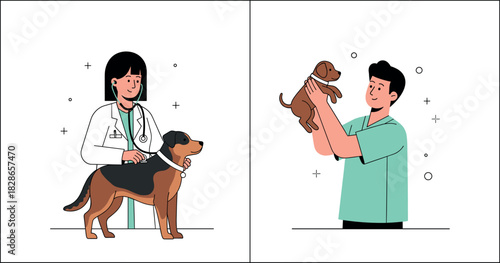 Veterinarian with dog vector illustration, pet checkup and owner holding puppy in animal healthcare environment