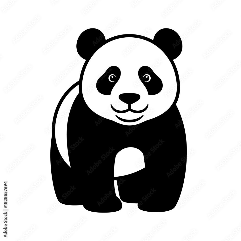Naklejka premium A stylized, black and white illustration of a smiling panda bear standing upright.