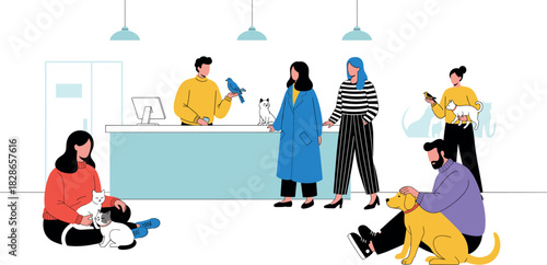 Veterinary clinic vector illustration with people holding pets, dogs, cats, birds and animal care environment