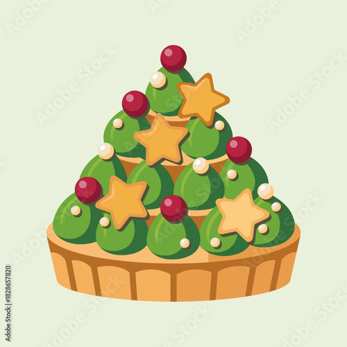 Christmas tree tart vector with pistachio cream and cranberries – Suitable for gourmet holiday catering, upscale food design, or winter menus.