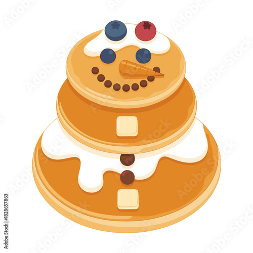 Snowman pancake stack dessert vector with blueberry eyes – Ideal for holiday brunch menus, winter food blogs, or children's food illustration.