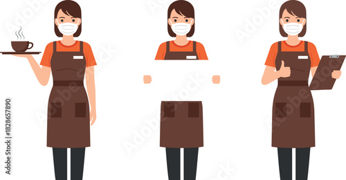 Waitress character vector set wearing apron and face mask, serving coffee, holding clipboard and blank sign illustration