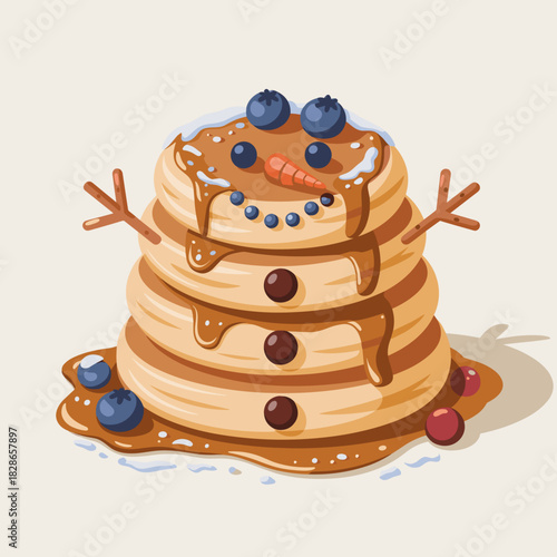 Snowman pancake stack dessert vector with pretzel stick arms – Suitable for cozy winter breakfast themes, holiday recipe materials, or food blogs.