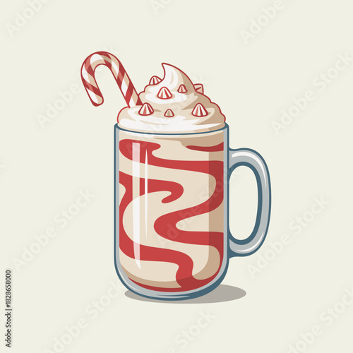 Swirled candy cane frappé with whipped cream vector design – Cheerful holiday drink graphic for seasonal promotions and cheer.
