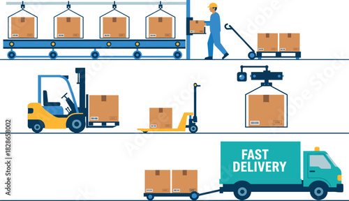 Warehouse logistics workflow vector illustration with cargo loading, forklifts, conveyor system, packaging, and fast delivery transportation