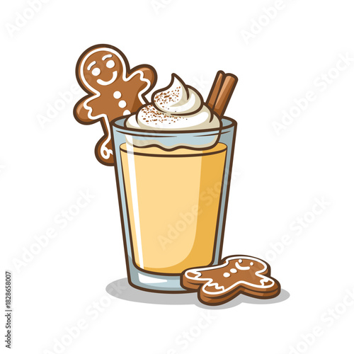 Creamy eggnog with gingerbread cookie person vector design – Clean Christmas drink graphic for seasonal food and beverage content.