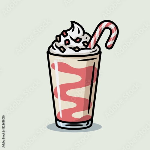 Peppermint candy cane frappé vector in glass tumbler – Minimalist Christmas dessert drink graphic for modern holiday design.