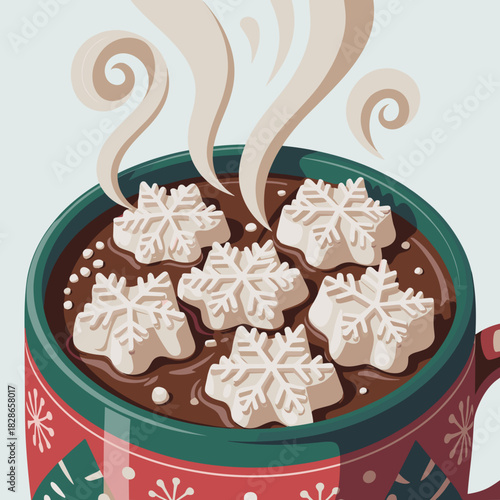 Snowflake hot chocolate vector illustration – Cozy Christmas beverage graphic for seasonal menus or decorations.