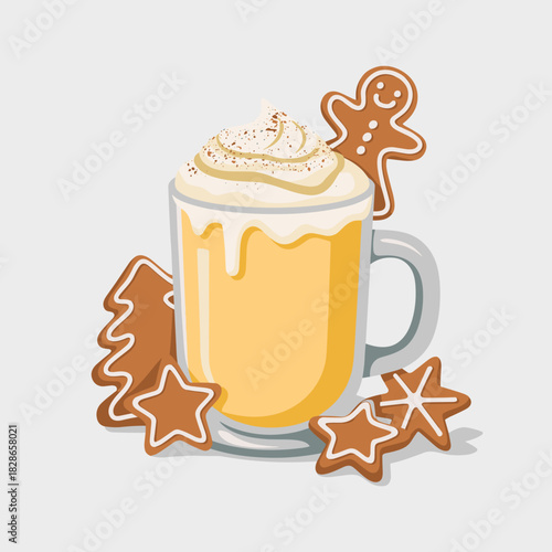 Festive eggnog with gingerbread and cinnamon sticks vector – Cozy holiday drink illustration for Christmas recipes and branding.