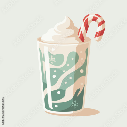 Mint green peppermint soda with candy cane stick vector – Festive holiday drink graphic for winter seasonal menus and branding.