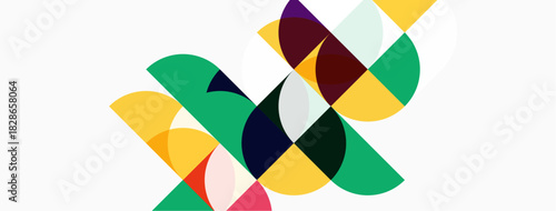 Abstract geometric shapes overlap, creating vibrant colorful composition. Modern design utilizes curves, angles, contrasting hues.