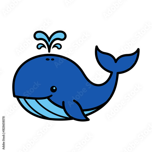 A cartoon illustration of a blue whale, spouting water from its blowhole.
