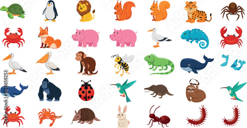 Wild animal icon set with diverse species including birds, insects, mammals, sea creatures and wildlife illustration collection