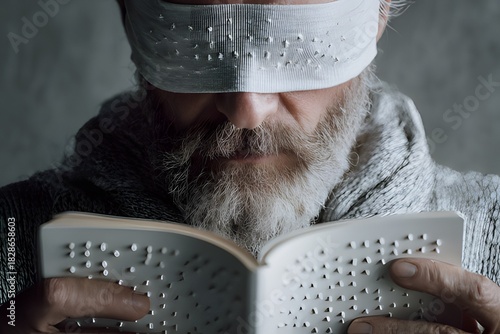 Blind man in a suit reading a book with his finger, wearing a tactile eye mask, symbolizing knowledge, accessibility, and determination