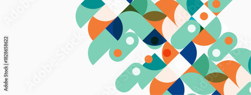 Abstract geometric shapes overlap, creating colorful pattern. Teal, orange, navy dominate neutral background. Modern design.