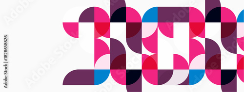 Abstract geometric design. Circles, semicircles create bold text. Pink, purple, blue hues dominate white background. Modern aesthetic.