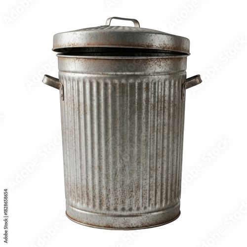 Rustic metal trash can with lid a bit ajar, perfect for vintage designs, industrial themes, or showcasing recycling concepts with a touch of nostalgic charm