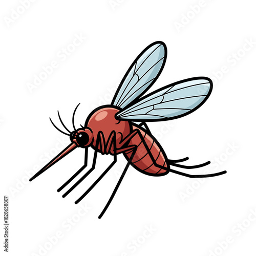 A detailed illustration of a mosquito with wings and long proboscis, isolated.