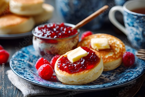 Close-up of toasted crumpets with raspberry jam and butter served on a ceramic plate with fresh raspberries and tea