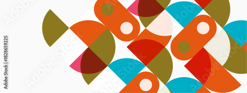 Abstract geometric shapes overlap. Circles, semicircles, warm colors dominate composition. Minimalist design, modern aesthetic.