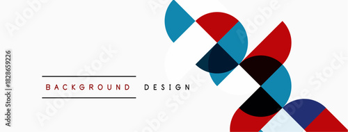 Abstract geometric shapes overlap, creating dynamic visual interest. Red, blue, gray circles and squares form modern design element.