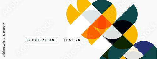 Abstract geometric shapes overlap, creating dynamic visual composition. Yellow, teal, gray tones dominate white background. Minimalist design.