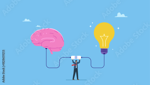 Businessman connect plug with lightbulb idea to human brain. Creativity idea brainstorming, wisdom or imagination to success, connecting new idea or innovation, intelligence or solution.