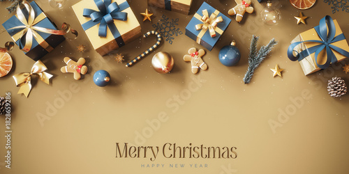 Christmas decoration with Christmas presents on beige background with copy space and text. Christmas banner design. 3D Rendering, 3D Illustration