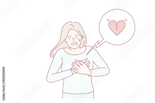 Unhealthy woman suffer from pain in heart. Unwell female struggle with heart attack. Healthcare and medicine. Vector illustration.