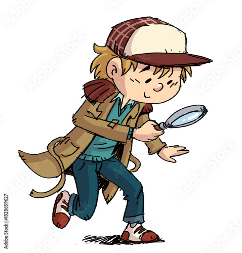 Boy detective observing with a magnifying glass, isolated drawing