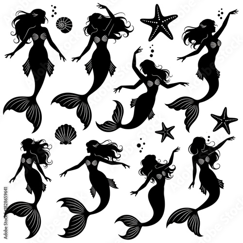 silhouette vector set of elegant mermaids in various graceful poses